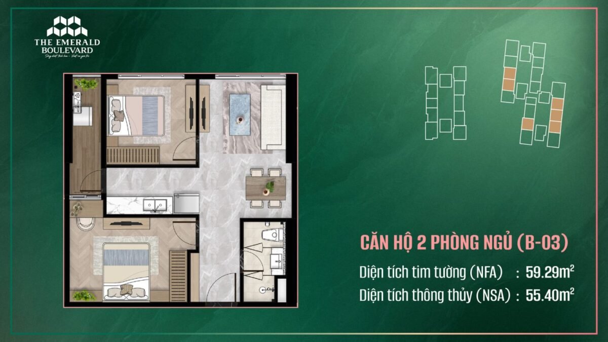 căn hộ 2 phòng ngủ