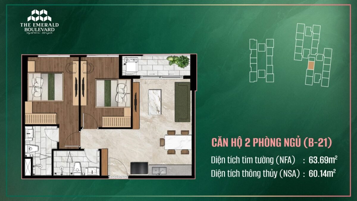 căn hộ 2 phòng ngủ